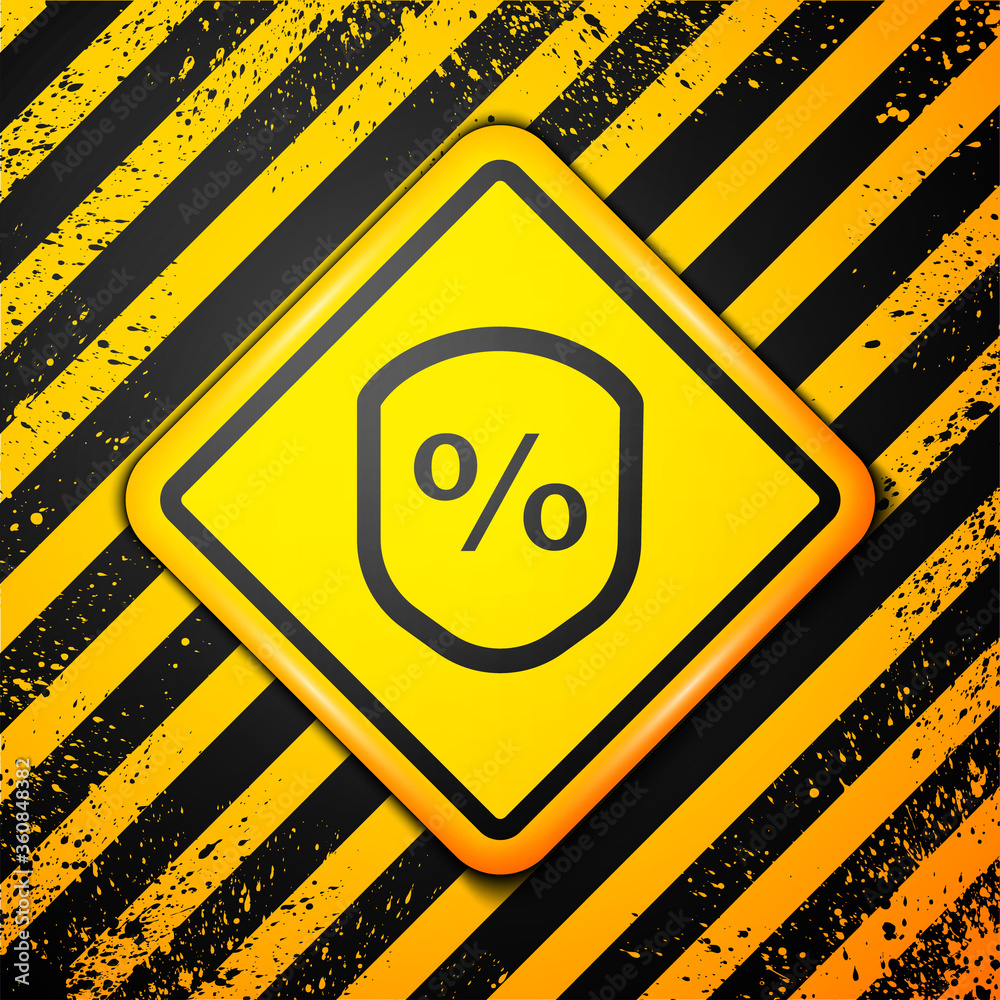 Black Loan percent icon isolated on yellow background. Protection shield sign. Credit percentage symbol. Warning sign. Vector Illustration Black Loan percent icon isolated on yellow background. Protection shield sign. Credit percentage symbol. Warning sign. Vector Illustration