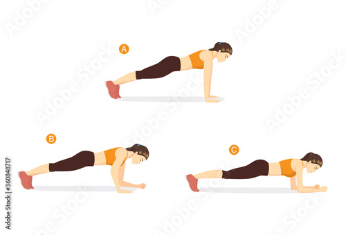 Sport women doing exercise with plank walk up pose start by push up. Workout at home for target on abdominal with no equipment.