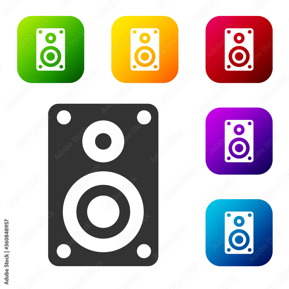 Black Stereo speaker icon isolated on white background. Sound system speakers. Music icon. Musical column speaker bass equipment. Set icons in color square buttons. Vector Illustration Black Stereo speaker icon isolated on white background. Sound system speakers. Music icon. Musical column speaker bass equipment. Set icons in color square buttons. Vector Illustration