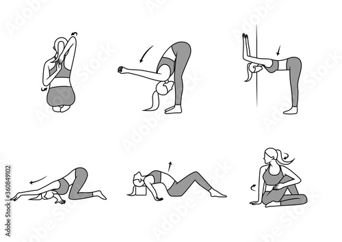 yoga pose for back and shoulder stretching icon set
