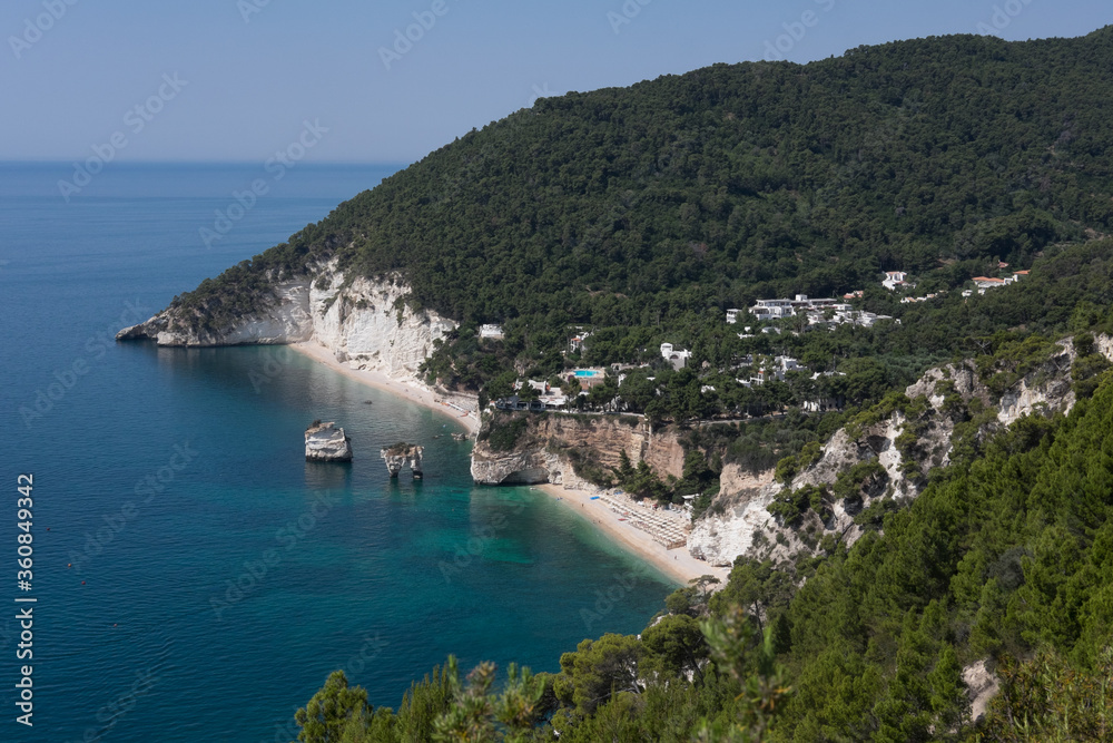 View of the Gargano National Park, Baia Delle Zagare near Vieste in Italy. Mountain of Puglia between the green of plants and trees and the white of the rock overlooking the sea. 