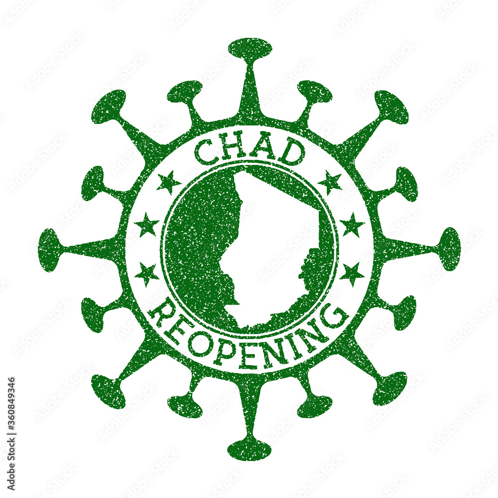 Chad Reopening Stamp. Green round badge of country with map of Chad. Country opening after lockdown. Vector illustration.