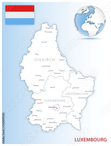 Detailed map of Luxembourg administrative divisions with country flag and location on the globe.