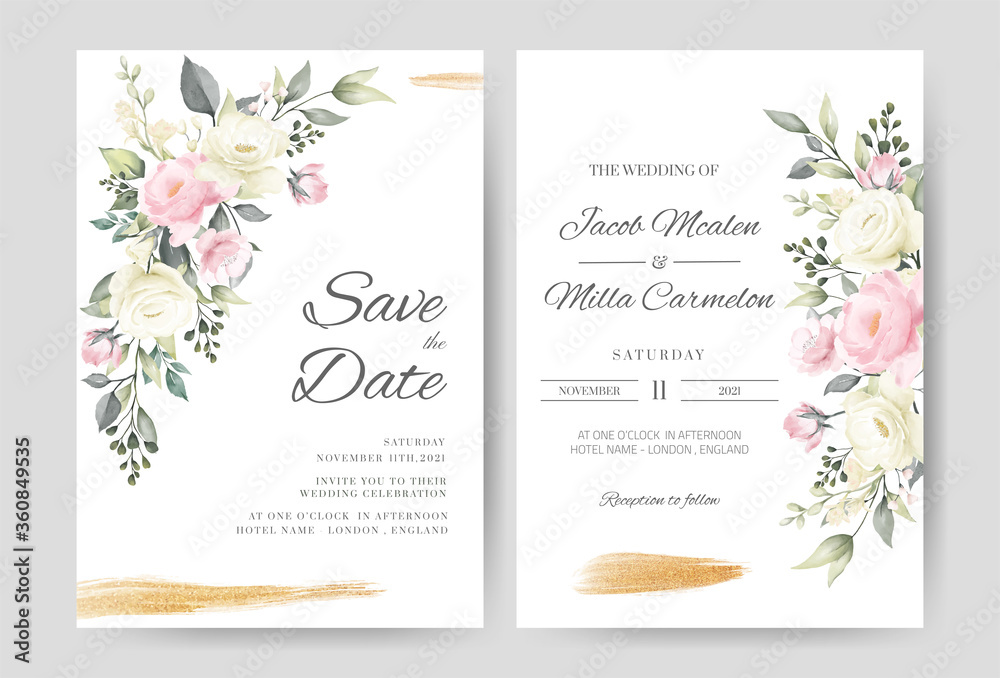 Wedding invitation card template set with watercolor pink and white rose gold brush.