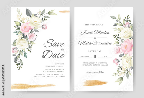 Wedding invitation card template set with watercolor pink and white rose gold brush.