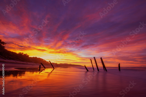 Beautiful sunrise of old jetty piles at St. Clair Beach in Dunedin, New Zealand.