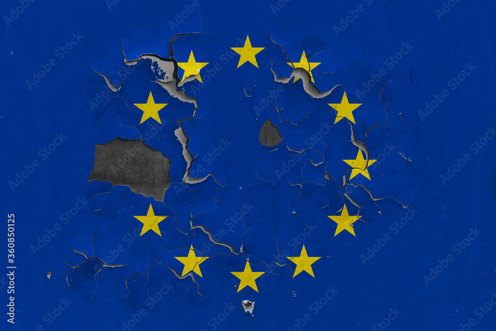 European Union flag close up old, damaged and dirty on wall peeling off paint to see inside surface. Vintage National Concept. European Union flag close up old, damaged and dirty on wall peeling off paint to see inside surface. Vintage National Concept.