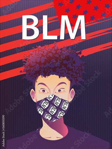 BLM text on BLUE GRUNGE backdrop. Afro man in mask BLM activist. For invitation card, social banner, news blog, flyer. Phone case or cloth print. Flat style stock vector EPS 10