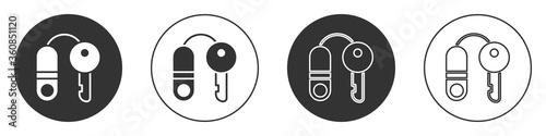 Black House with key icon isolated on white background. The concept of the house turnkey. Circle button. Vector Illustration