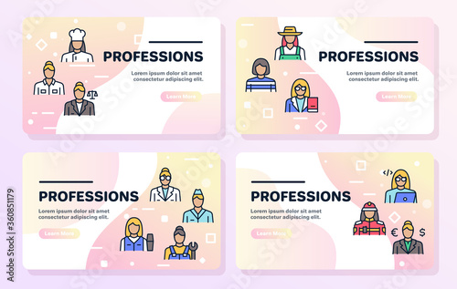 Vector color linear icon set of workers women objects