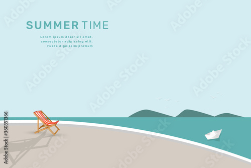  Sea view landscape with deck chair summer time holiday concept.Vector illustration.