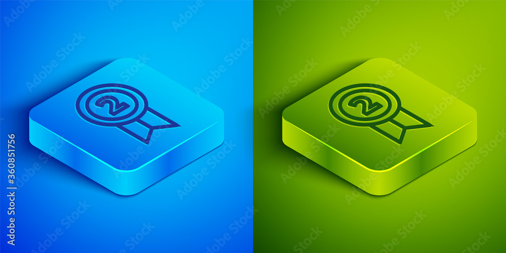 Isometric line Medal icon isolated on blue and green background. Winner achievement sign. Award medal. Square button. Vector Illustration Isometric line Medal icon isolated on blue and green background. Winner achievement sign. Award medal. Square button. Vector Illustration