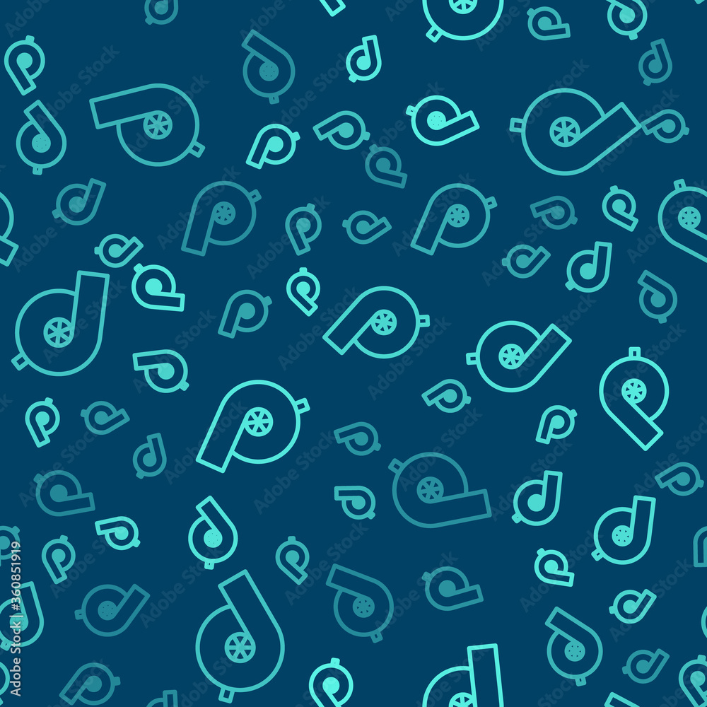 Green line Automotive turbocharger icon isolated seamless pattern on blue background. Vehicle performance turbo. Turbo compressor induction. Vector Illustration Green line Automotive turbocharger icon isolated seamless pattern on blue background. Vehicle performance turbo. Turbo compressor induction. Vector Illustration