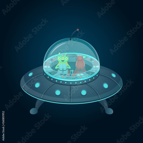 Flying saucer with a cockpit and alien
 in cartoon style. Vector illustration.
