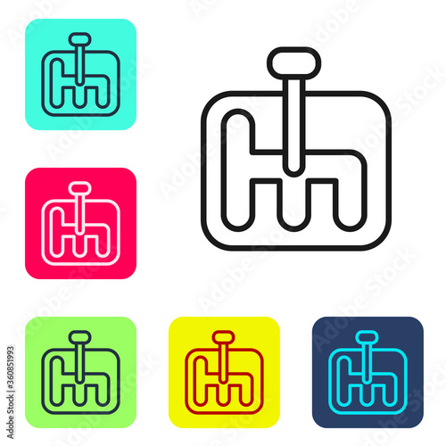 Black line Gear shifter icon isolated on white background. Transmission icon. Set icons in color square buttons. Vector Illustration