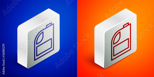 Isometric line Canister for motor machine oil icon isolated on blue and orange background. Oil gallon. Oil change service and repair. Engine oil sign. Silver square button. Vector Illustration
