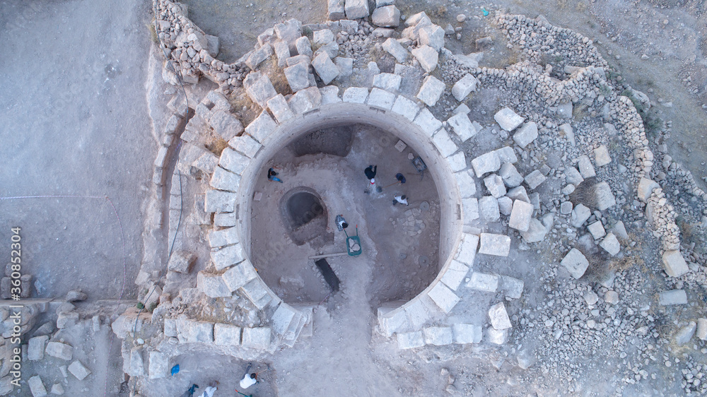 Excavations in the area of ​​the ancient city.  archaeological excavation background. historical. top view