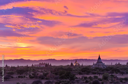 The Bagan temple valley seen from one of the minor shrines, at sunset