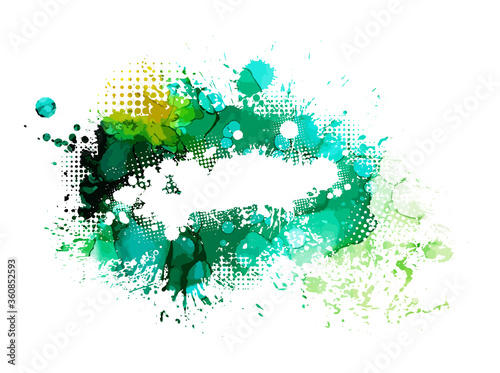 Blue and green blots background. Blot text frame. Grunge texture. Art ink dirty design. Border for artistic shape, paintbrush element. Vector illustration