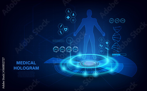 Medical hologram with body, examination in HUD style. modern Futuristic examination healthcare concept with hologram human body and health indicators.  x-ray.