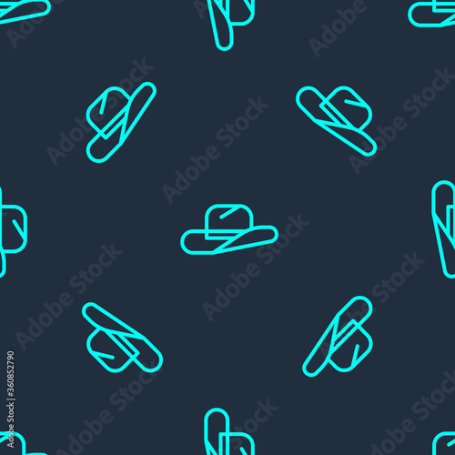 Green line Western cowboy hat icon isolated seamless pattern on blue background.  Vector Illustration
