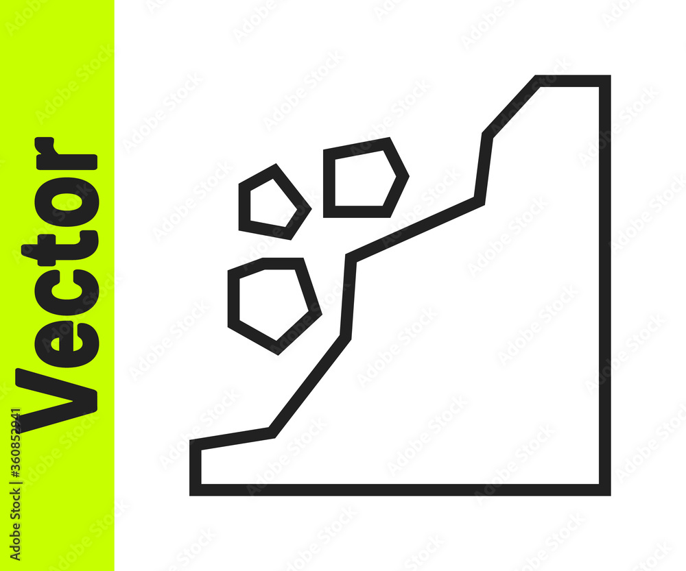 Black line Landslide icon isolated on white background. Stones fall from the rock. Boulders rolling down a hill. Rockfall. Vector Illustration Black line Landslide icon isolated on white background. Stones fall from the rock. Boulders rolling down a hill. Rockfall. Vector Illustration