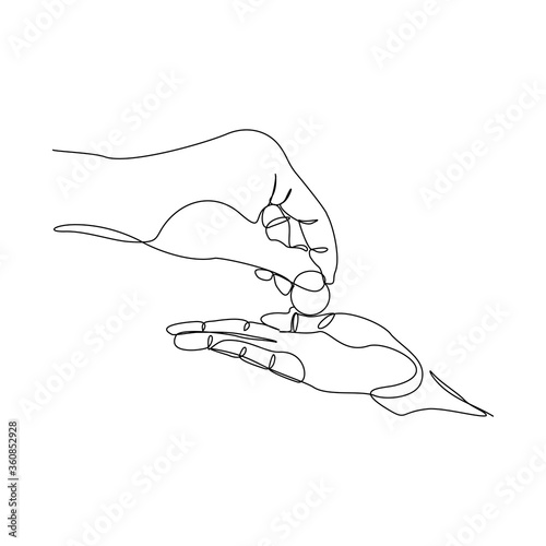 Continuous line drawing of hand hold money coin to give charity donate or pay something. Vector illustration
