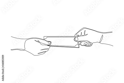 Continuous line drawing of hand hold money to give charity or pay something. Vector illustration