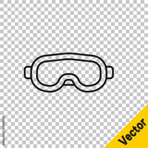 Black line Ski goggles icon isolated on transparent background. Extreme sport. Sport equipment.  Vector Illustration