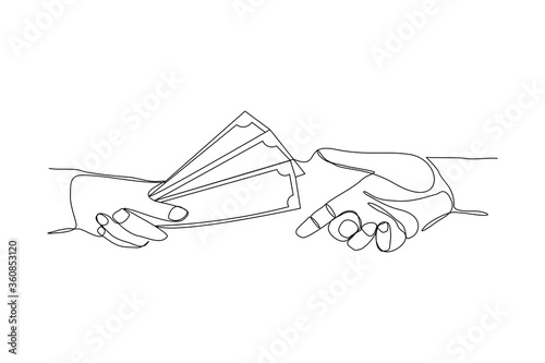 Continuous line drawing of hand hold money to give charity or pay something. Vector illustration © MuhammadZulfan