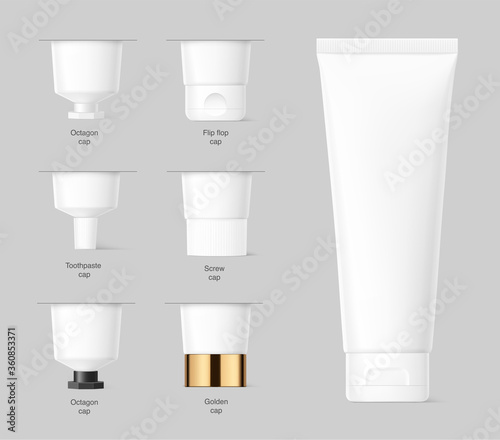 Blank plastic tube mockup set for cosmetics with cap. Front view. Vector illustration on grey background. Can be use for your design, advertising, promo and etc. EPS10.	