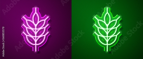 Glowing neon line Hop icon isolated on purple and green background.  Vector Illustration