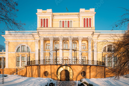 Gomel, Belarus. Rumyantsev-paskevich Palace In Snowy City Park. Winter Season. Sunny Winter Day photo