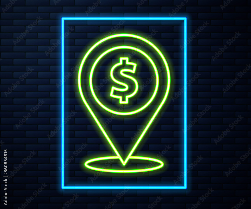 Glowing neon line Cash location pin icon isolated on brick wall background. Pointer and dollar symbol. Money location. Business and investment concept. Vector Illustration Glowing neon line Cash location pin icon isolated on brick wall background. Pointer and dollar symbol. Money location. Business and investment concept. Vector Illustration