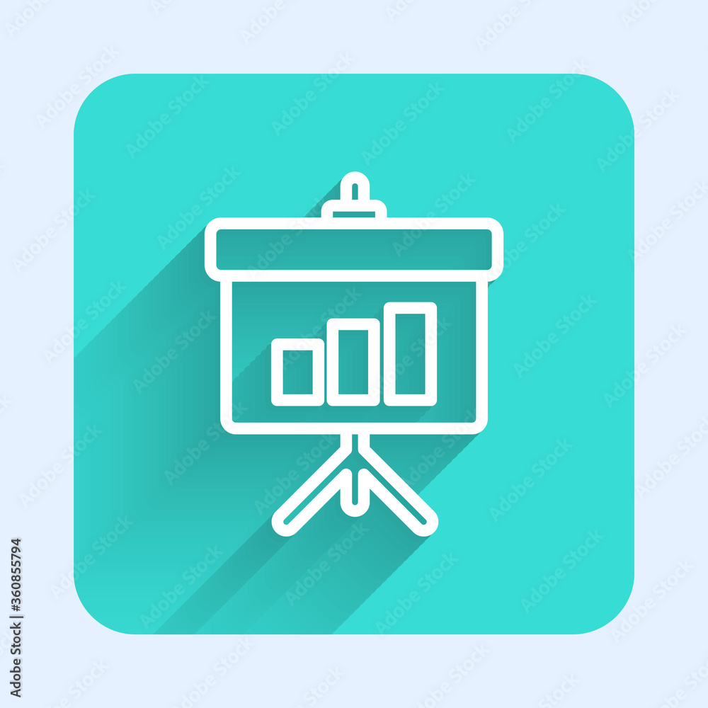 White line Presentation board with graph, schedule, chart, diagram, infographic, pie graph icon isolated with long shadow. Green square button. Vector Illustration White line Presentation board with graph, schedule, chart, diagram, infographic, pie graph icon isolated with long shadow. Green square button. Vector Illustration