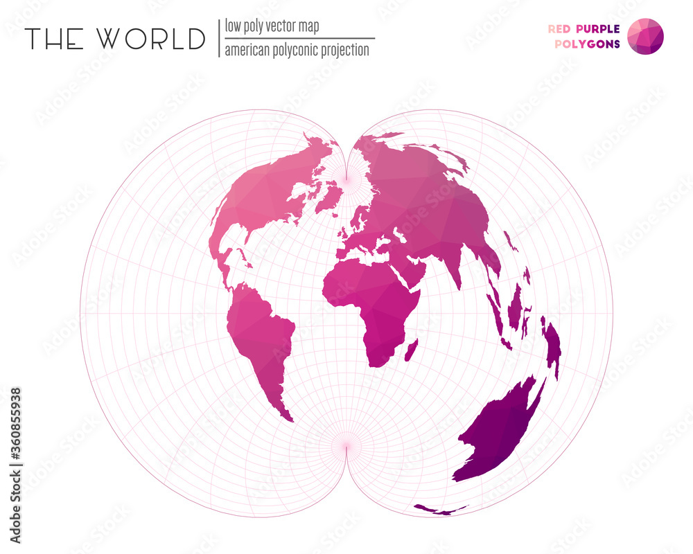 Triangular mesh of the world. American polyconic projection of the world. Red and purple colored polygons. Amazing vector illustration. Triangular mesh of the world. American polyconic projection of the world. Red and purple colored polygons. Amazing vector illustration.