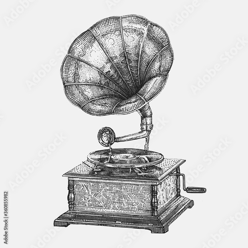 Hand-drawn Vintage Gramophone Vector Illustration