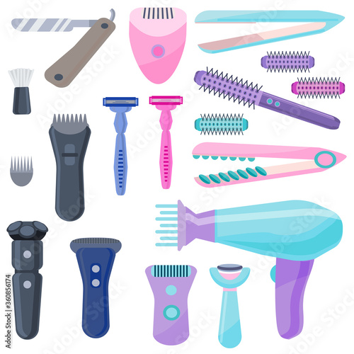 Set of men's and women's devices and accessories for beauty. Collection of hair tools. Hairdryer, tongs, curlers. Epilator, electric razor, shaving machine, trimmer. Vector illustration in flat style.