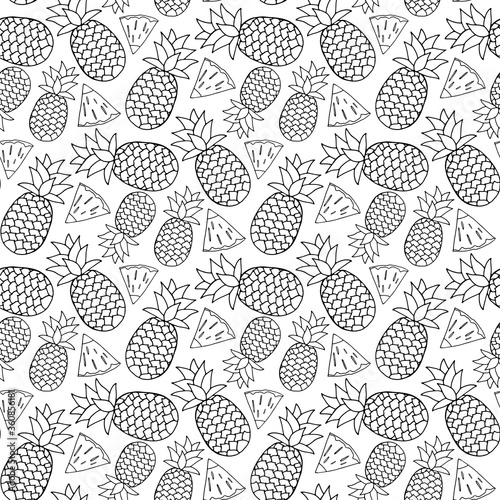 Hand drawn seamless pattern of sweet tropical fruit. Pineapples and pineapple slices. Healthy eating. Cute doodle sketch illustration for greeting card, invitation, wallpaper, wrapping paper, textile