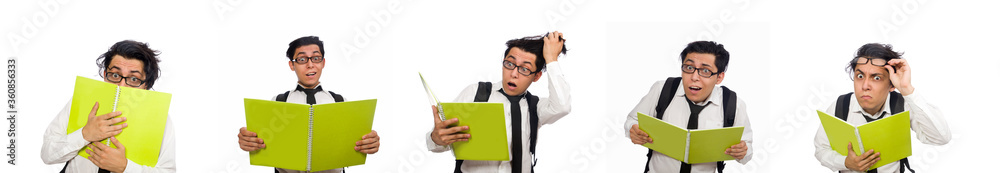Male student holding notes isolated on white Male student holding notes isolated on white