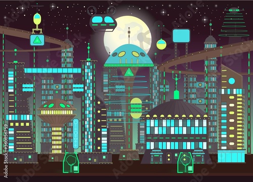 Futuristic night city set in flat cartoon style.Panorama of a modern city with modern buildings and futuristic traffic: skyscrapers, flying cars and drones. Vector elements for 2D games.