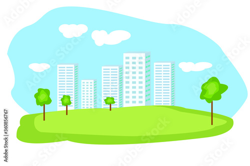 Flat design of city buildings in a modern future with graphic info elements, green city. 