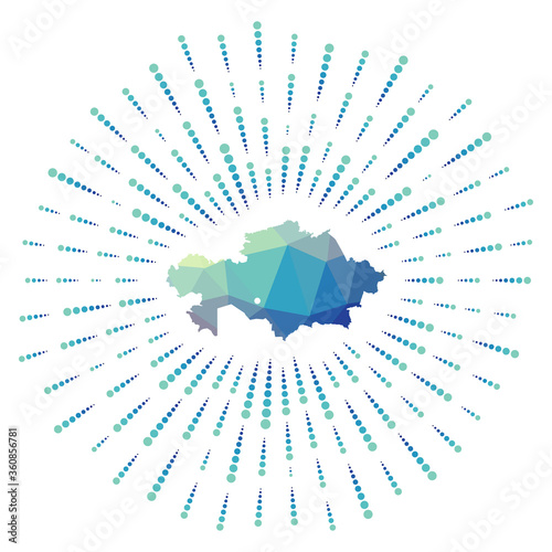 Shape of Kazakhstan, polygonal sunburst. Map of the country with colorful star rays. Kazakhstan illustration in digital, technology, internet, network style. Vector illustration.