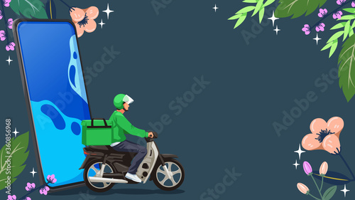 Presentation template of flower, leaf, sparkle mobile phone and messenger. Green background. This is your presentation title. Vector illuatration.