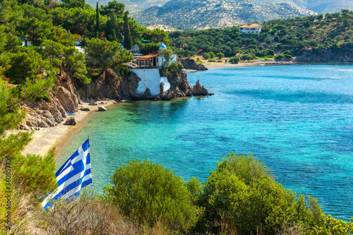 Fototapeta Naklejka Na Ścianę i Meble -  LESVOS, GREECE, the beach of Agios Ermogenis, with fine turquoise water and calm nature. A very popular beach among locals and visitors