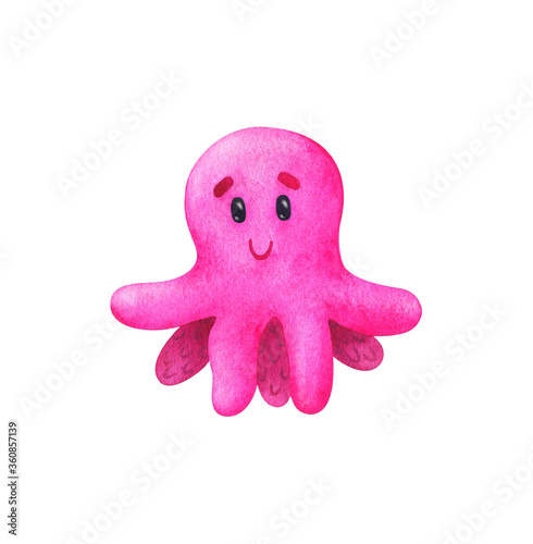 Pink octopus. Cute children's illustration isolated on a white background. Print with a cartoon sea creature. Stock image