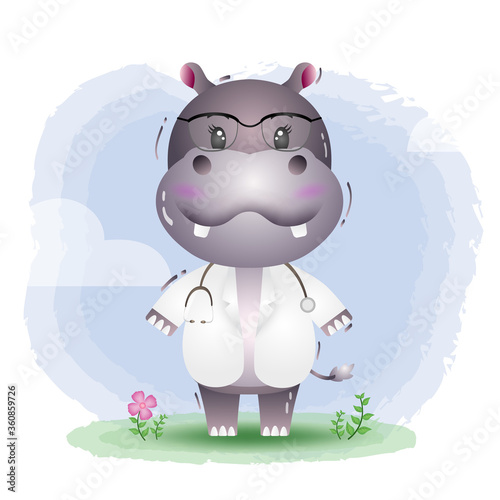 a cute little doctor hippo. Cartoon doctor hippo. Vector illustration