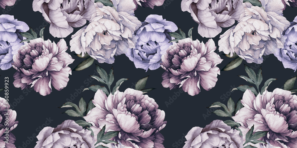 Seamless floral pattern with peony flowers on summer background, watercolor.  Botanical art - obrazy, fototapety, plakaty 