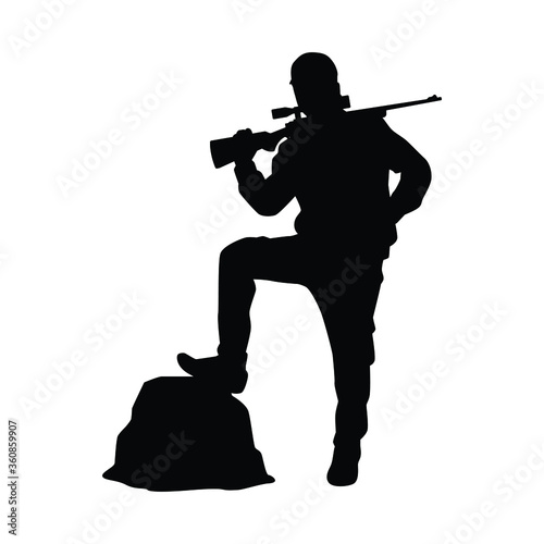 Animal hunter man with his sniper gun silhouette vector on white
