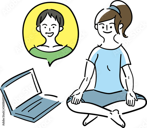 オンラインでヨガトレーニングを受ける女性のイラスト。